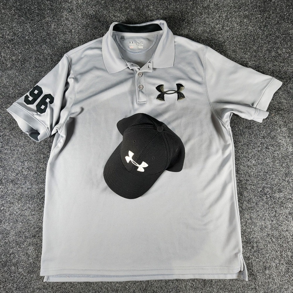 Under Armour Mens HeatGear Polo Shirt Grey Large & Black Blitzing Hat LG/XL Set